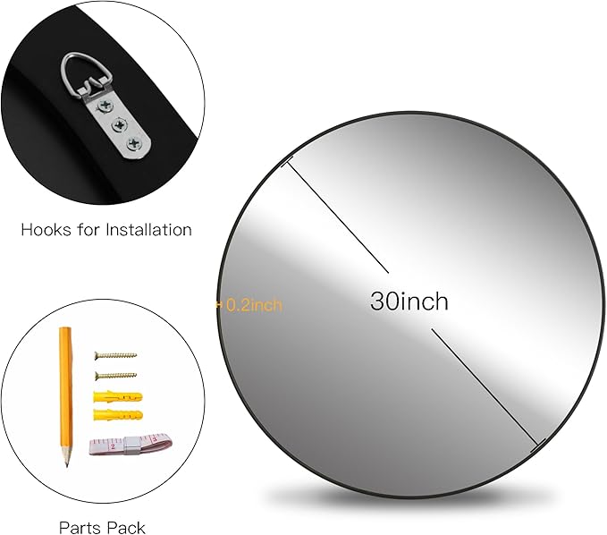 Black Round Mirror 30 Inch,Circle Bathroom Vanity Mirror for Wall,Hanging Modern Tempered Glass Mirror for Entryway or Living Room (30 Inch, Black)
