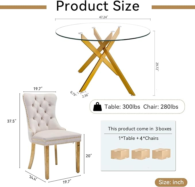 Goujxcy 5 Piece Round Glass Dining Table Set for 4, 47" Round Dining Table & Chair Set Modern Circle Glass Kitchen Table and 4 Velvet Upholstered Chairs for Kitchen Dining (Gold Table & Beige Chair)