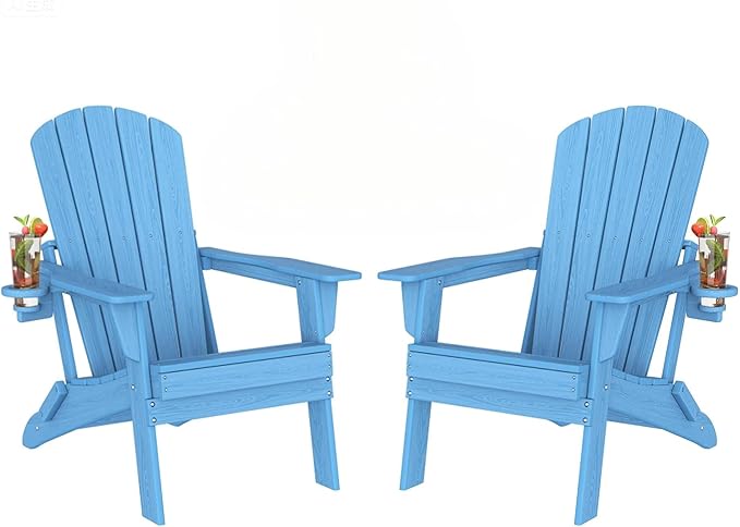Plawdlik Folding Adirondack Chair Set of 2 with Cup Holder,Heavy All-Weather,Wooden Textured,HDPE Outdoor Chairs, Patio Backyard Fire Pit, Light Blue