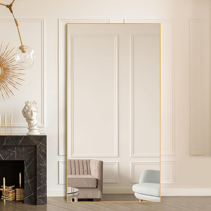 Beauty4U 76" x 34" Large Full Length Mirror with Stand, Gold Wall Mounting Full Body Mirror, Metal Frame Full-Length Mirror for Living Room, Bedroom