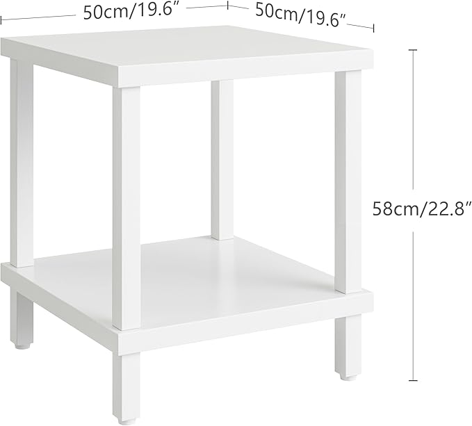 Large End Table Square Side Table Modern Sofa Table 20 Inch Industrial Coffee Table NightStand with 2-Tier Storage Shelf for Living Room Bedroom White MLBZ06W