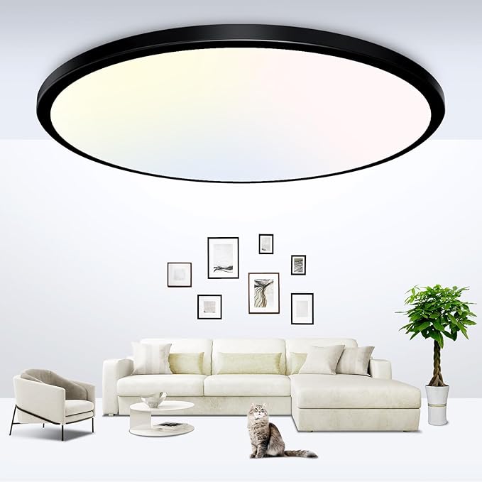 zemty Black LED Flush Mount Ceiling Light - 12 Inch 28W 3200lm LED Light Fixture, 3000k/4500k/6000K Selectable Round Flat Light Fixtures for Bedroom, Kitchen, Hallway