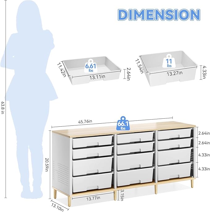 Storage Cabinet with 12 Drawers, Home Storage With Wooden Tabletop, Cube Storage Organizer for Living Room, Bedroom, Classroom, Office, Playroom, Craft Room, (White)