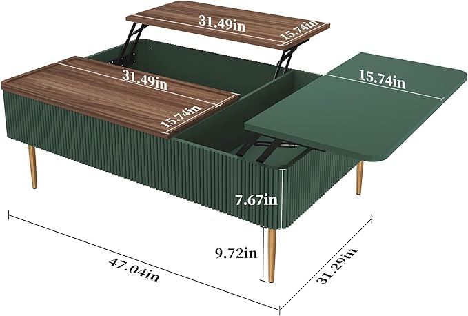 HLR 47" Dual Lift Top Coffee Table with Storage, Modern Wood Fluted Coffee Table with Hidden Compartment for Living Room, Office, Green