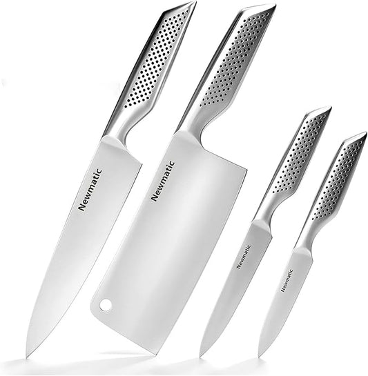 NEWMATIC 4-Piece kitchen knife set, stainless steel shef's knife set & sleaver with siamond sut technology - integrated molding design for home cooking