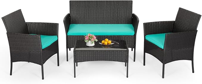 FDW | 4-Piece Patio Furniture Set | Blue | Outdoor Wicker Furniture with Coffee Table | Modern Rattan Chairs Conversation Set | Outdoor Seating | Weather-Resistant | for Porch, Garden, Lawn