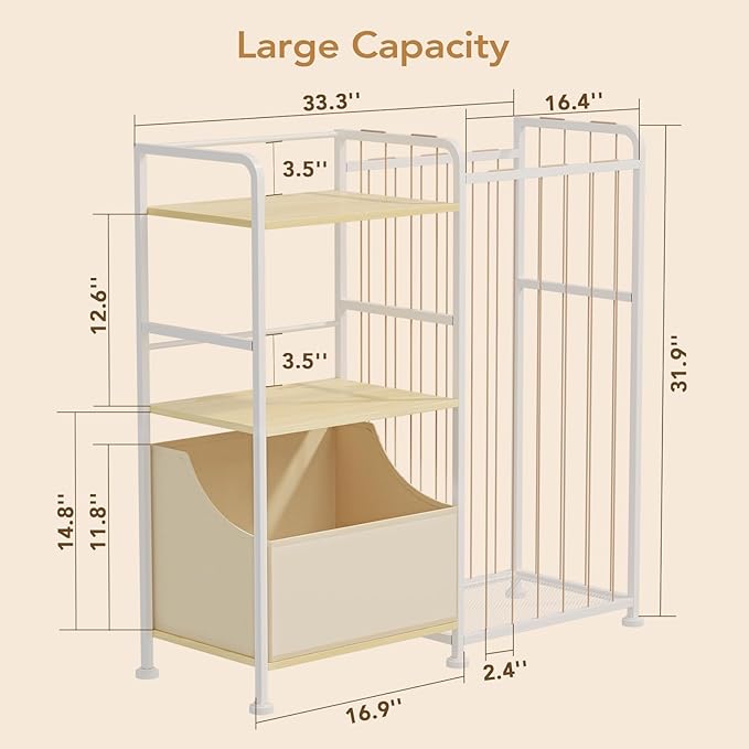 BBLIKE Stuffed Animal Storage - Stuffed Animal Net with Kids Bookshelf and Toy Organizer, 2-Tier White Bookshelf with Stuffed Animal Holder and Fabric Toy Chest for Kids Room, Playroom, Nursery, Beige