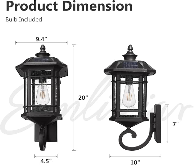 Emliviar Solar LED Wall Light Outdoor,Dusk to Dawn Solar Porch Light with Remote Control, Black Finish with Seeded Glass, Bulb Included, 22021M-SL BK