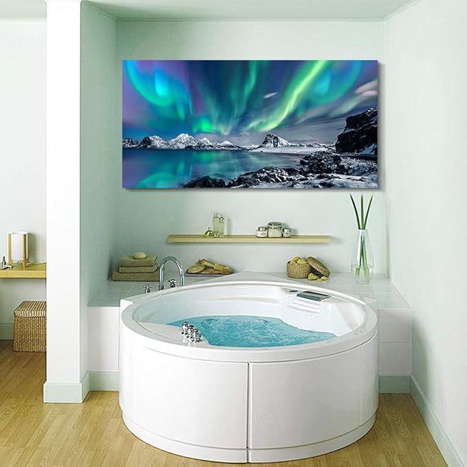 Wapluam Farmhouse Canvas Wall Art For Living Room, Bedroom & Office Decor - Blue Aurora Scenery Painting, Stretched & Framed, Ready To Hang