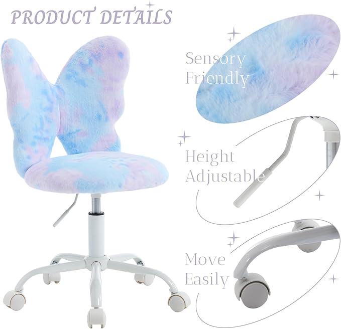 Contemporary Butterfly Shaped Kids Desk Chair, Adjustable Height, Blue-Purple Fur