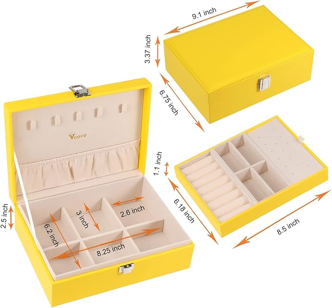 Voova Jewelry Box Organizer for Women Girls, 2 Layer Large Men Jewelry Storage Case, PU Leather Display Jewellery Holder with Removable Tray for Necklace Earrings Rings Bracelets, Vintage Gift, Yellow