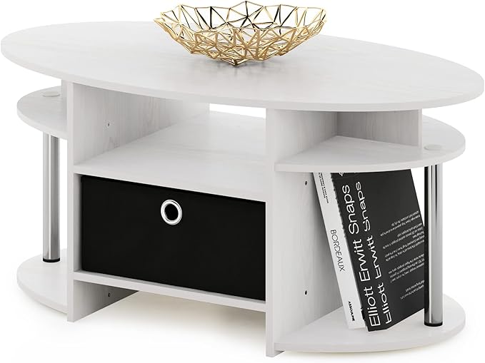 Furinno Jaya Simple Design Oval Coffee Table with Bin for Living Room, White Oak/Chrome/Black