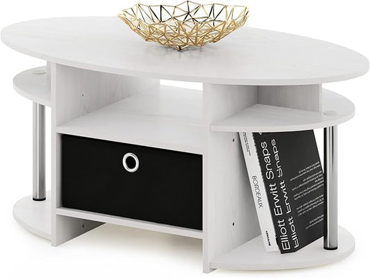 Furinno Jaya Simple Design Oval Coffee Table with Bin for Living Room, White Oak/Chrome/Black