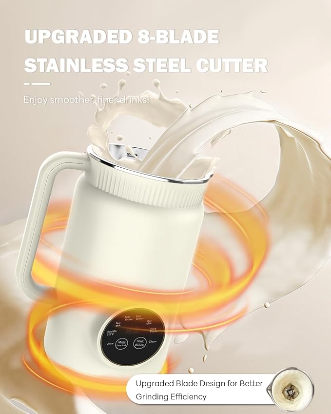34 oz Nut Milk Maker Machine, 8 in 1 Soy Milk Maker with Nut Milk Bag, Plant Based Milk Maker for Almond, Oat, with Delay Start/Keep Warm/Self Cleaning, Cream