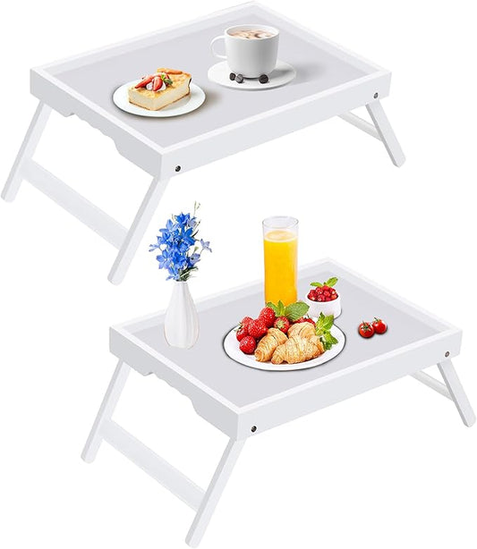 Bamboo Bed Tray Table with Foldable Legs, Breakfast in Bed Tray for Kitchen Serving Tray, Eating, Working, Drawing Tray (2 Pack, White)