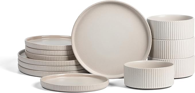 Stone Lain Haven 12-Piece Dinnerware Set, Beige, Includes 4 Dinner Plates, 4 Salad Plates, 4 Bowls, Microwave & Dishwasher Safe