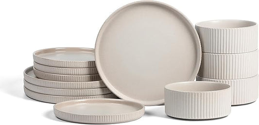 Stone Lain Haven 12-Piece Dinnerware Set, Beige, Includes 4 Dinner Plates, 4 Salad Plates, 4 Bowls, Microwave & Dishwasher Safe
