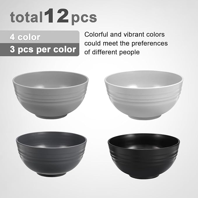 12 Pcs Unbreakable Cereal Bowls Set, 26 Oz Wheat Straw Bowls Set, Microwave & Dishwasher Safe Bowls for Kitchen, Reusable Plastic Bowls for Soup, Salad and Snack, BPA Free, Multicolor