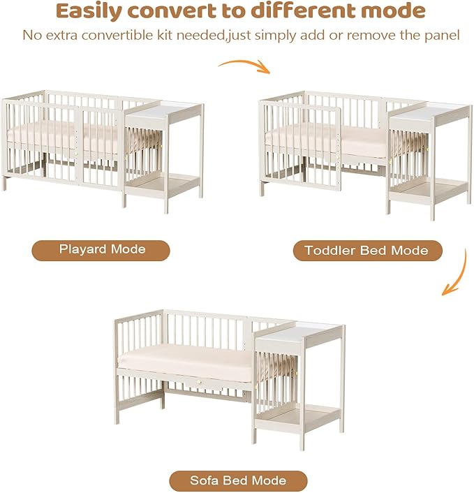 JOYMOR 8 in 1 Convertible Crib with Changer, Include 2” Mattress, Converts to Bassinet, Mid Crib, Full Size Crib, Daybed,Toddler Bed and Playard (Crib with Changer, Washed Natural)