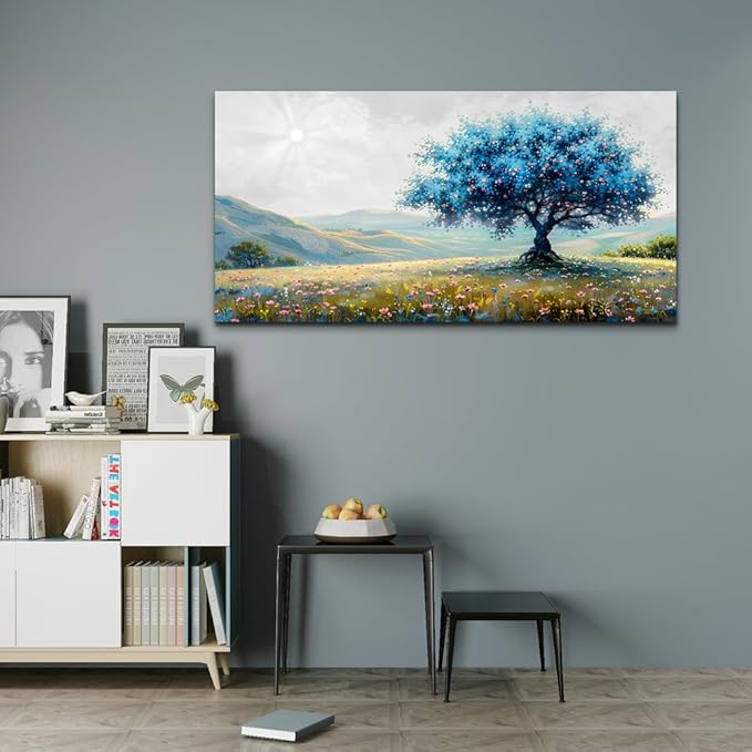 FUHAIHUA Canvas Wall Art For Living Room Large Wall Decor For Office Bedroom Decorations Pastoral Landscape Pictures Blue Tree Painting Artwork Modern Room Wall Mural Aesthetic Home Decor 30x60 In