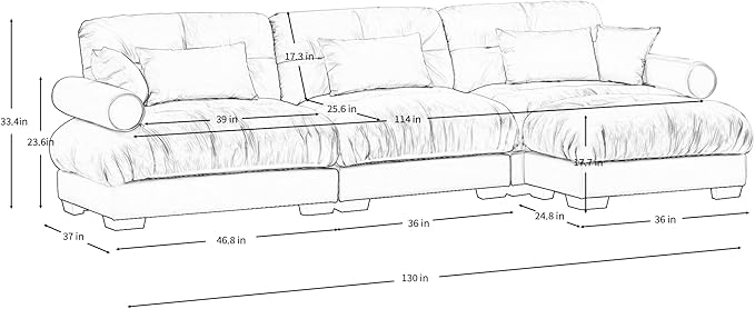Ball & Cast 130" Oversized Modular Sofa,L Shaped 3-Seater Couch Sectional Couch with Round Bolster Armrests and 5 Pillows,Fluffy Velvet Deap Seat Couches w/Ottoman,for Living Room,Convertible,Cream