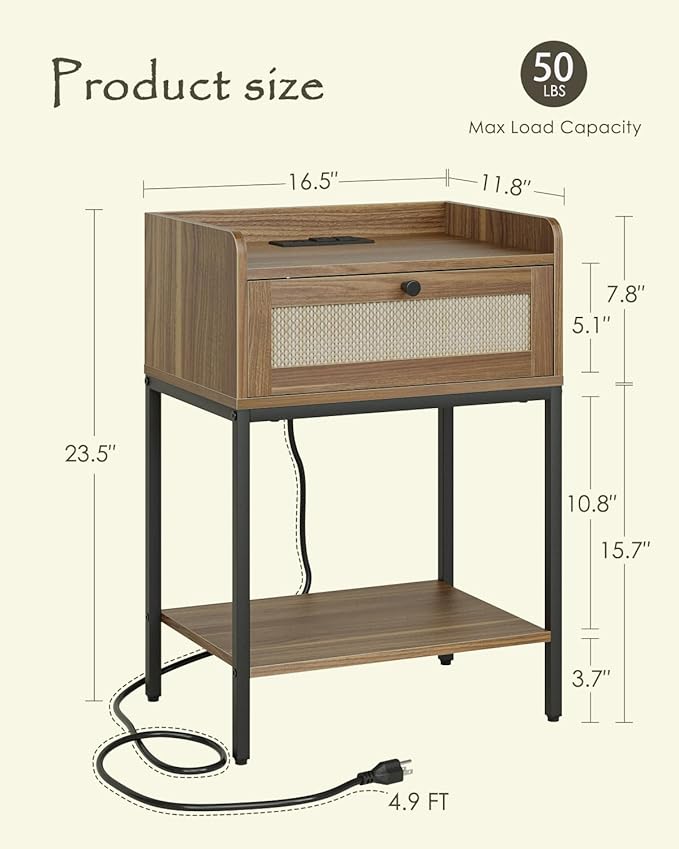 Nightstand with Charging Station,3-Tier Bedside Table for Small Space,Modern Night Stand with Storage Drawer and Shelf,Small Side Table for Bedroom,Living Room,Walnut Brown