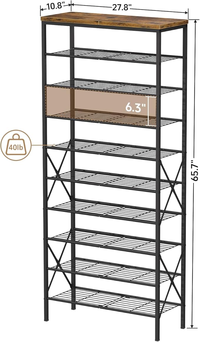 10-Tier Tall Shoe Rack, Large Capacity Shoe Shelf Holds40-45 Pairs, Shoe Shelf for Entryway, Hallway, Living Room, Rustic Brown