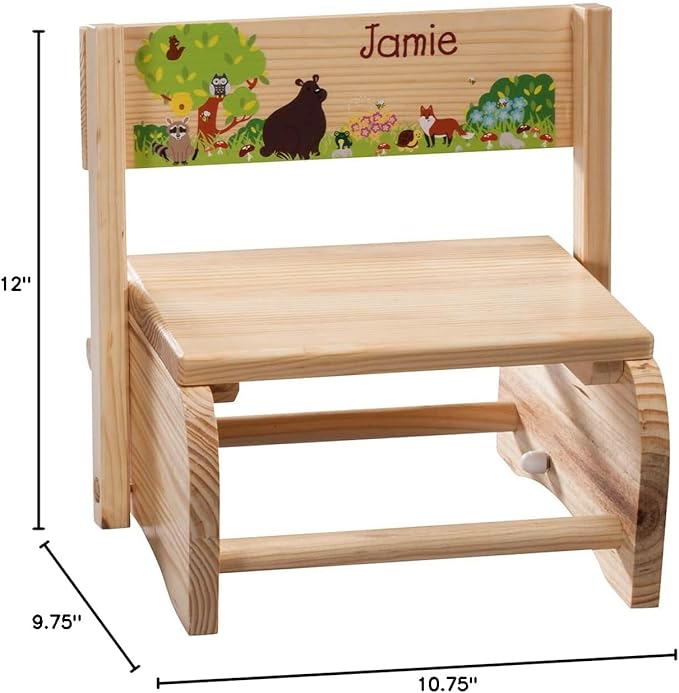 Custom 2-in-1 Children's Step Stool and Chair, Customized with Kid’s Name, Woodland Animals Design