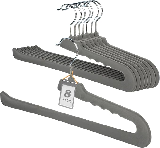 Velvet Pants Hangers,8 Pack Non Slip Felt Slack/Trouser HangersSlim & Sleek Heavy Duty Space Saving Closet Hanger with 360° Swivel Hook,Tank Top Hangers for Shorts,Jeans,Suit Pants,Towel(Gray)