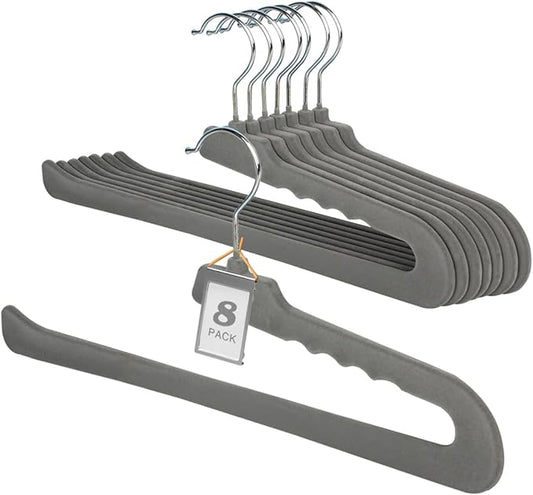 Velvet Pants Hangers,8 Pack Non Slip Felt Slack/Trouser HangersSlim & Sleek Heavy Duty Space Saving Closet Hanger with 360° Swivel Hook,Tank Top Hangers for Shorts,Jeans,Suit Pants,Towel(Gray)