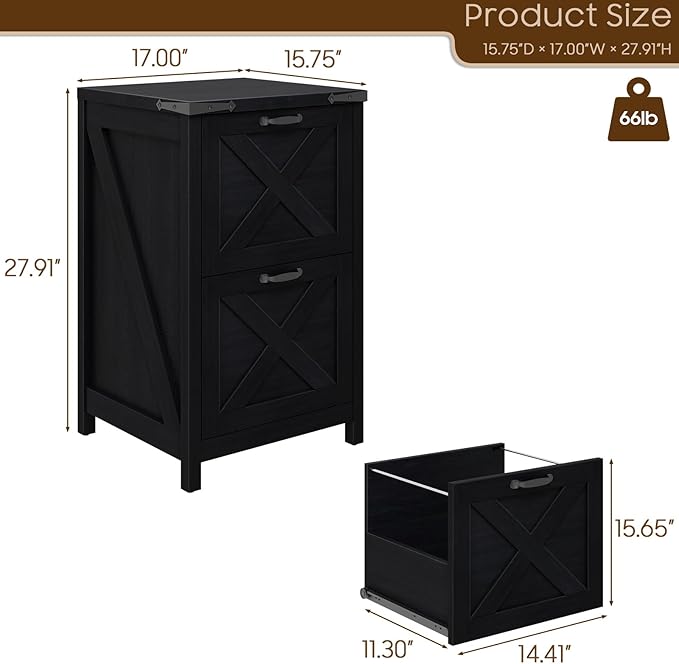 Vertical File Cabinet with 2 Drawers, Wooden Farmhouse Filing Cabinet for Letter/A4 Size Hanging Files, Under Desk Printer Stand with Storage for Home Office, Black