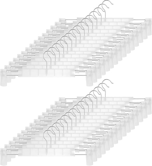 Clothes Pants Hangers, Space-Saving Skirt Holders with 360 ° Swivel Hooks, Adjustable Clips, Trouser Hangers, Clothes Coat Garment Jeans Hangers (30 Pack, Transparent)