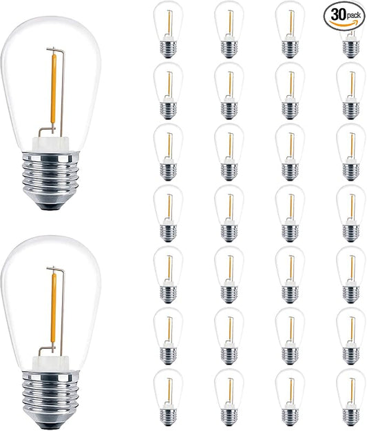 30 Pack S14 Edison Light Bulbs, Shatterproof LED Replacement Bulbs for String Lights, Patio Low Wattage LED Filament Clear Bulb, E26 Medium Base, Warm White 2200K, Non-Dimmable