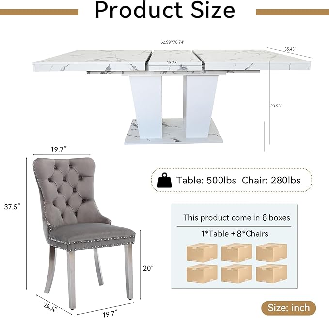 Goujxcy 9-Piece Extendable Dining Table Set for 6-8 People 63-78 Inch Kitchen Table Set with 8 Grey Upholstered Chairs Modern White Faux Marble Rectangular Dining Room Table Set for Kitchen Apartment
