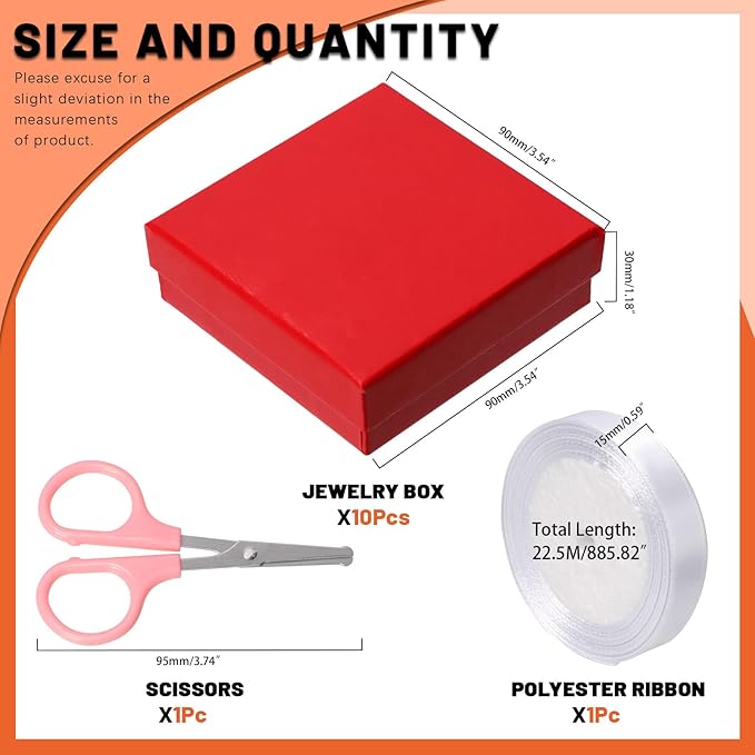 Tanstic 12Pcs Cardboard Jewelry Gift Boxes Kit, 3.5 x 3.5 x 1.2 Inch Red Gift Boxes Cardboard Jewelry Boxes with 74ft White Ribbon and Scissor for Rings, Necklaces, Earrings, Bracelets
