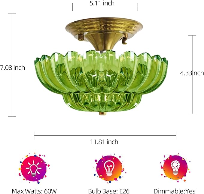 Ceiling Lights Semi Flush Mount Ceiling Light, Modern Gold Ceiling Light with Green Glass,Ceiling Lights Fixture Suitable for Bedroom Dining Room Kitchen Living Room Entryway Hallway