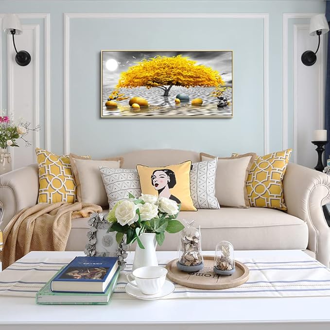 Black And White Wall Art - Framed Canvas Wall Decor For Living Room, Bedroom, Office - Large Size 24" X 48" - Boho Yellow Tree Painting - Natural Wood Frame