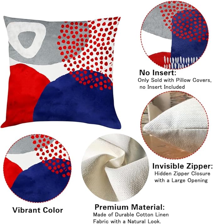 Jartinle 4th of July Pillow Covers 18x18 Set of 4 Patriotic Red White & Blue Abstract Throw Covers, Geometric Memorial Day Independence Decor for Couch, Sofa Home Outdoor Decorations