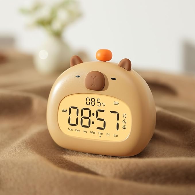 Capybara Kids Alarm Clock with Night Light, Digital Alarm Clocks for Bedrooms, Cute Kawaii Capibara Loud Ok to Wake Up Rechargeable, Snooze, 3 Alarms