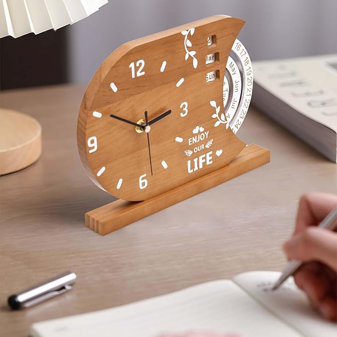 2-in-1 Wooden Analog Clock & Calendar - Silent No Ticking Desk Clocks Perpetual Calendar for Office, Bedroom, Study - Vintage Home Shelf Table Decor - Flip Date, Month & Day of The Week