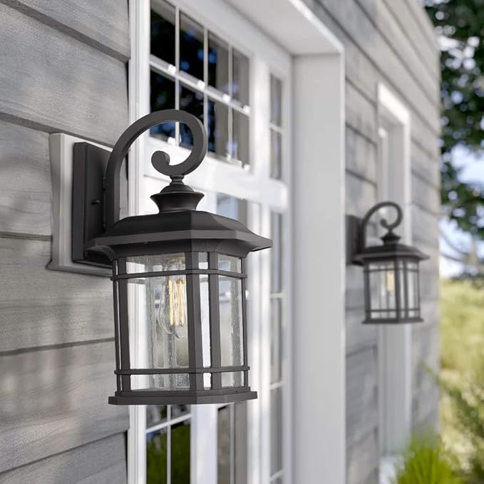 Emliviar Outdoor Wall Lights for House, 1-Light Exterior Wall Sconce Black Finish with Clear Seeded Glass, 17" Height, 22021M