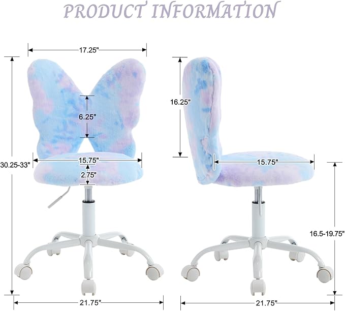 Contemporary Butterfly Shaped Kids Desk Chair, Adjustable Height, Blue-Purple Fur