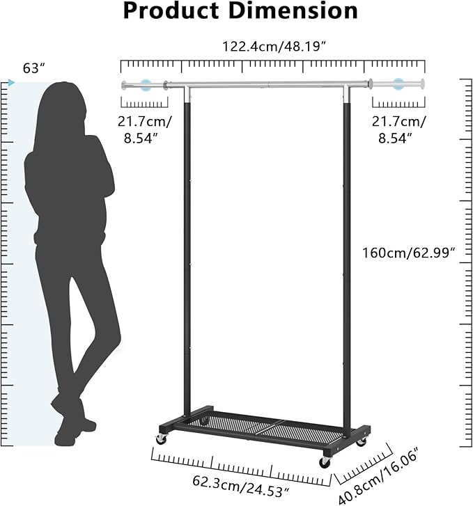 JIUYOTREE Rolling Clothes Rack with Dense Mesh Storage Shelf Clothing Garment Rack with Wheels Width Adjustable Clothing Organizer for Hanging Clothes Shirts Pants Skirts and Bags Black