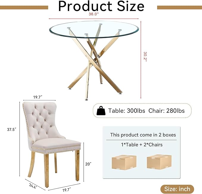 Goujxcy 3 Piece Round Glass Dining Table Set for 2, 36" Round Dining Table & Chair Set Modern Circle Glass Kitchen Table and 2 Velvet Upholstered Chairs for Kitchen Dining (Gold Table & Beige Chair)