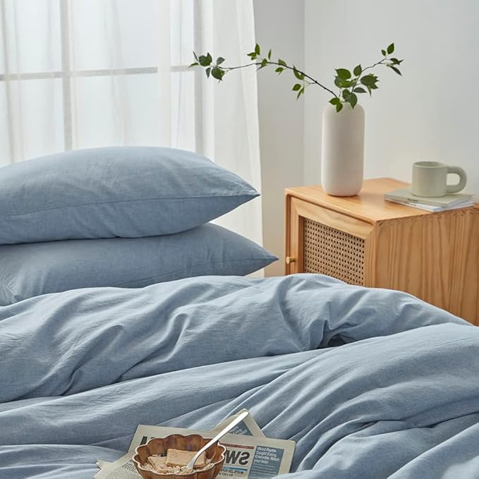 FACE TWO FACE Bedding Duvet Cover Set100% Washed Cotton Duvet Cover Linen Like Textured Breathable Durable Soft Comfy (California King, Cornflower Blue)