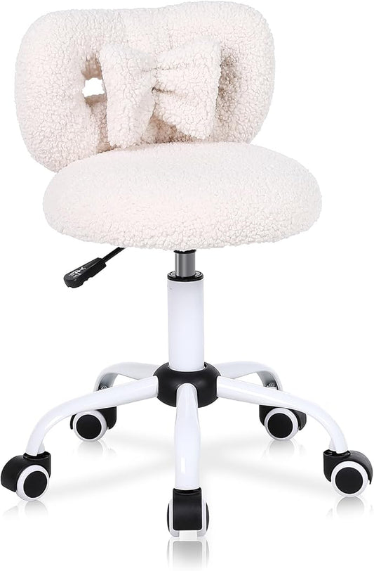 Kids' Desk Chair with Bow Design, Cute Upholstered Swivel Chair with Wheels and Adjustable Height, Small Comfy Armless Chair for Girls/Children (Cream)