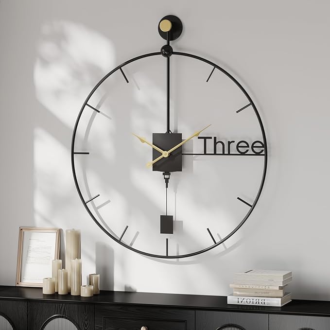 Modern Large Wall Clock 24 inch with Pendulum, Battery Operated Silent Non-Ticking Metal Wall Clock for Living Room Decor, Decorative Hanging Clock for Bedroom, Office, Kitchen, Home