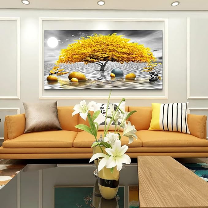 Canvas Wall Art For Living Room & Bedroom - Abstract Black & White Art, Yellow Tree Paintings - Large Wall Artworks For Home & Office Decoration