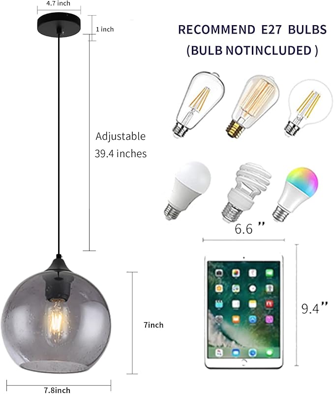 Gray Glass Pendant Lights Kitchen Island Lighting Globe Pendant Light Fixtures Modern Pendant Lighting for Kitchen Island Bedroom Living Dining Room Light Fixture-7.8in