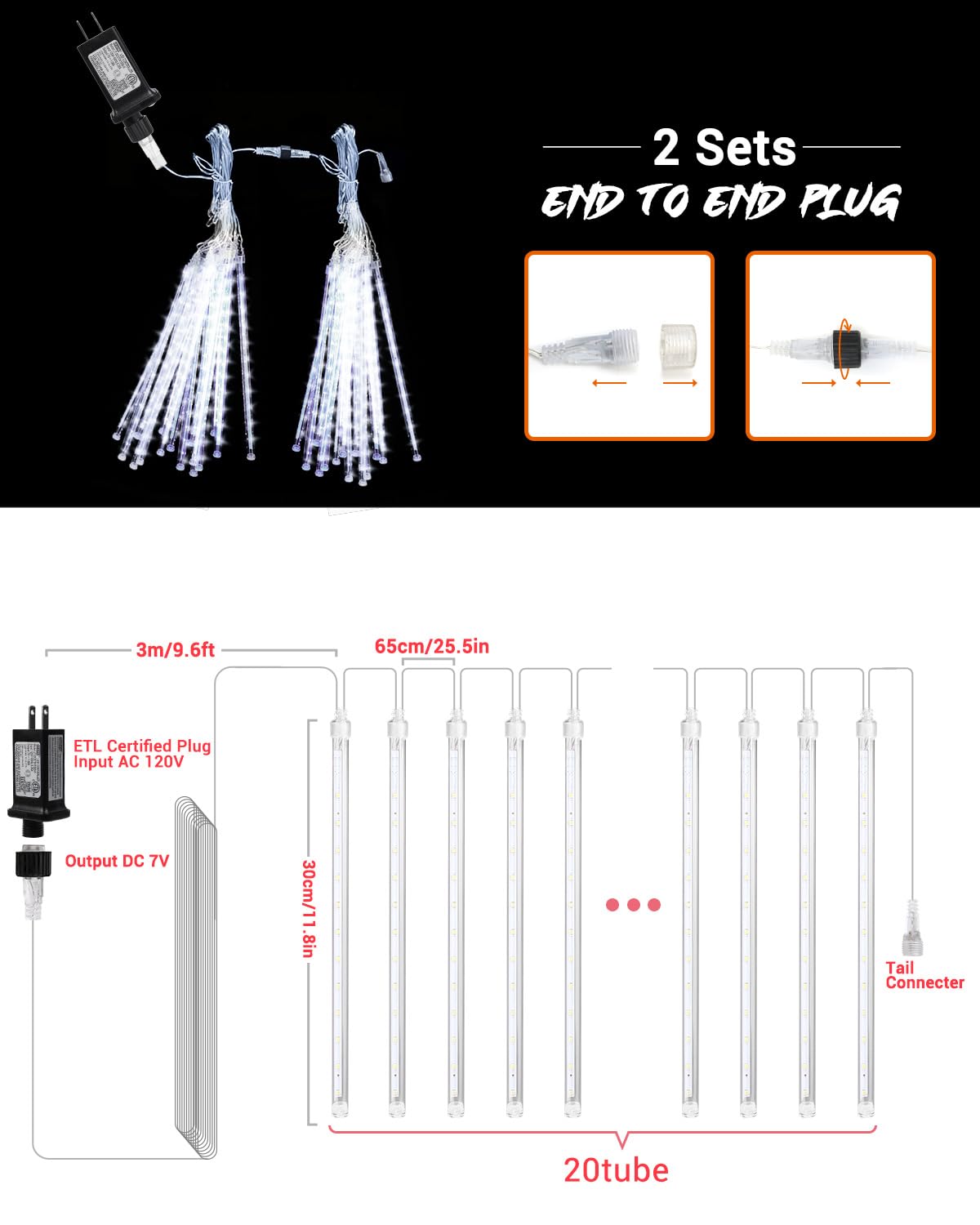 Cool White 20 Tubes Meteor Shower Icicle Lights 480 LED Raindrop Lights with Timer Function Cascading Falling Rain Light for Holiday Party Christmas Decorations
